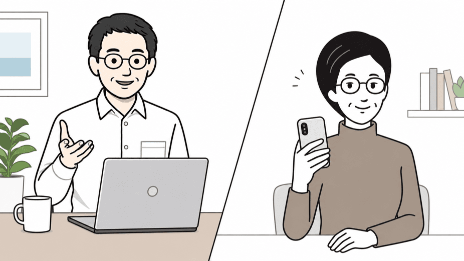 税理士とオンライン面談（Google Meet）で相談しているイラスト