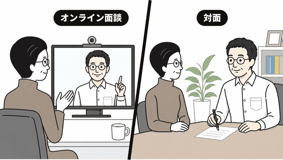 オンライン面談または対面で税理士に相談しているイラスト